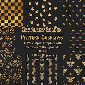 32 Seamless Golden Pattern Overlays, seamless gold foil PNG pattern, digital download, commercial use
