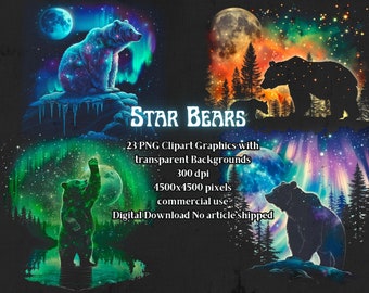 Star Bears Clipart, PNG, Transparent Background (Digital Download)