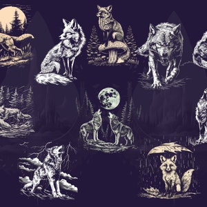 May include: A collection of black and white illustrations of foxes and wolves in various poses. Some images show the animals with a full moon, in a forest, or under a rainstorm. The overall theme is nature and wildlife.