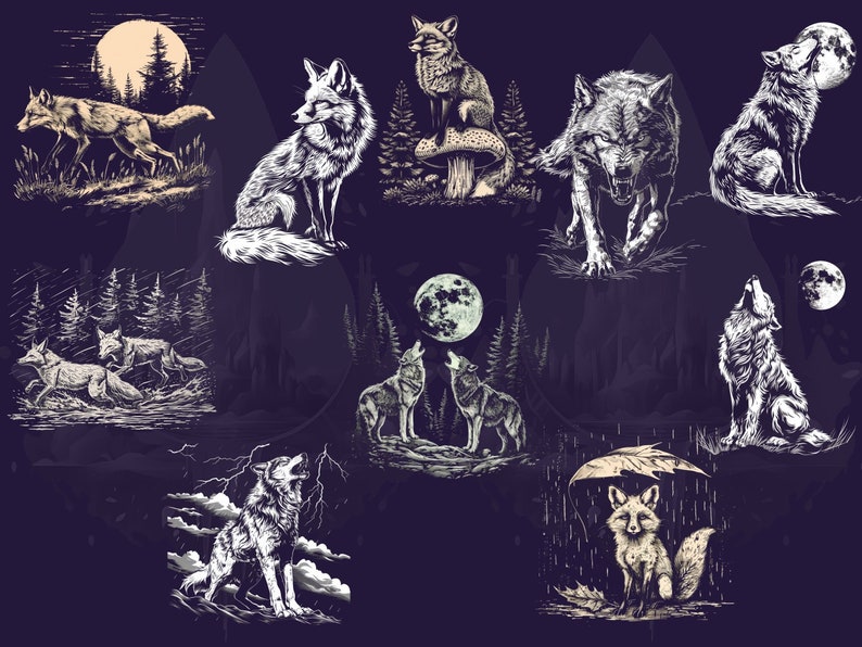 May include: A collection of black and white illustrations of foxes and wolves in various poses. Some images show the animals with a full moon, in a forest, or under a rainstorm. The overall theme is nature and wildlife.