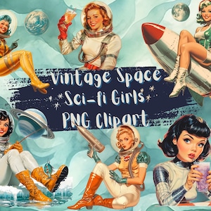 26 png Vintage Space Sci-fi Girls, retro, png, Junk Journal, Paper Craft, Clipart, png-bundel, commercieel gebruik, afdrukbaar, digitale download