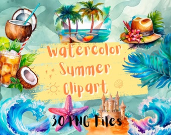 Watercolor Summer, png, digital download, Scrapbook, Junk Journal, Commercial use, Summer clipart, printable