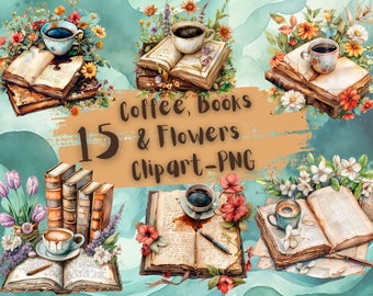 15 Books Coffee and Flowers, png, watercolor, clipart, Scrapbook, Junk Journal, Digital Download, printable