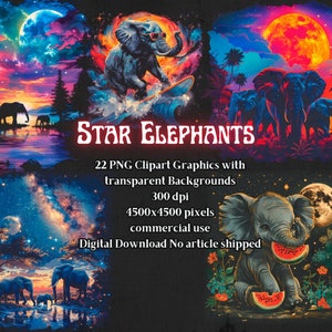 22 Elefantes Estrella, PNG, fondo transparente, imprimible, clipart, diseño de camiseta, semitono, descarga digital, uso comercial
