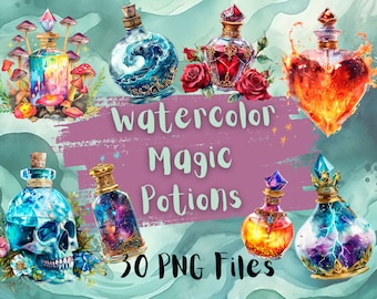 30 Watercolor Magic Potions, clipart, png, digital download, scrapbook, junk journal, commercial use