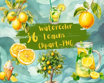 36 Watercolor Lemon Clipart PNG Images, Commercial Use (Digital Download)