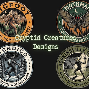 Może przedstawiać: Cztery okrągłe projekty graficzne przedstawiające kryptydy z napisem Cryptid Creatures Designs. Projekty ukazują Wielką Stopę, Mothmana, Wendigo i goblina z Hopkinsville w różnych kolorach, w tym pomarańczowym, zielonym i czarnym, na tle krajobrazów.