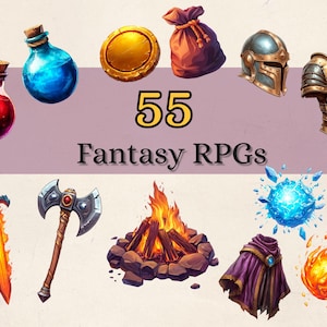 55 RPG fantastiques PNG, téléchargement numérique, éléments d'art de jeu, clipart, POD, usage commercial gratuit