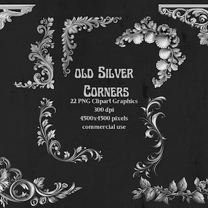 22 Old Silver Corners, png, clipart, obramowanie narożne, antyczne, pobieranie cyfrowe, scrapbooking, junk journal, wykorzystanie komercyjne