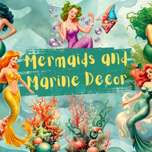 Meerjungfrauen und Marine Dekor, retro, png, Junk Journal, Paper Craft, Scrapbooking, Clipart, Bundle, kommerzielle Nutzung, printable
