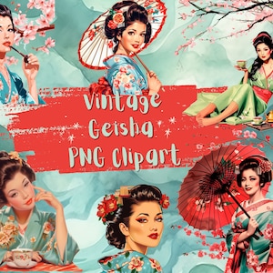 May include: Digital illustration featuring multiple geisha figures in traditional attire. The geishas are depicted in various poses, some holding parasols or teacups, with cherry blossoms in the background. The text "Vintage Geisha PNG Clipart" is displayed.