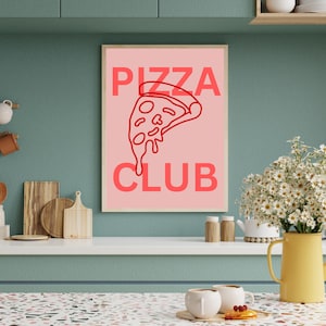 Póster de Pizza Club, póster rosa, digital, arte gastronómico, amante de la pizza, arte mural, diseño moderno, decoración de cocina, arte de comida rápida, póster de fiesta