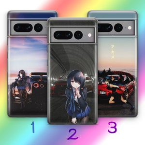 Funda de teléfono Anime JDM 5 para Google Pixel 6, 6A, 7, 7A, 8, 8A, 9, 9A Pro XL, inspirada en coches deportivos japoneses de alta velocidad, con dibujos de chica y chico.