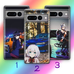 Funda de teléfono Anime JDM 8 para Google Pixel 6, 6A, 7, 7A, 8, 8A, 9, 9A Pro XL, inspirada en coches deportivos japoneses de alta velocidad, con dibujos de chica y chico.