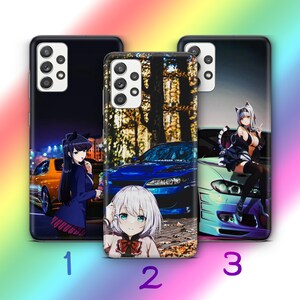 May include: Three rectangular smartphone cases featuring anime-style character illustrations and sports cars. Case 1 shows a character with dark hair and a yellow car. Case 2 features a character with white hair and a blue car. Case 3 displays a character with cat ears and a light-coloured car.