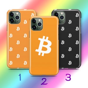 May include: Three phone cases with different designs. The first case is orange with a white Bitcoin symbol. The second case is black with a white Bitcoin symbol. The third case is orange with a white Bitcoin symbol repeated on the case.