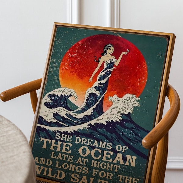 Mermaid Canvas, She Dreams Of The Ocean Late At Night And Longs For The Wild Salt Air Wall Art Poster, Ocean Canvas, Underwater Mermaid Art