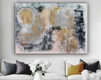 Gold Circle Patterned Canvas Paintings, Colorful Abstract Art, Modern Artwork, Minimalist Wall Art, Ready To Hang