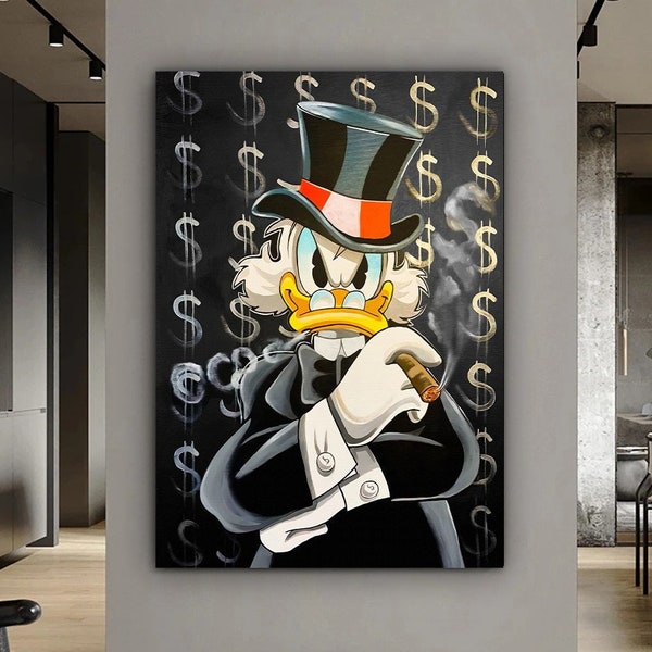 Duck And Dollar Canvas Painting, Cartoon Pictures, Duck Poster, Animal Canvas Print, Animal Wall Art, Graffiti Poster, Ready To Hang