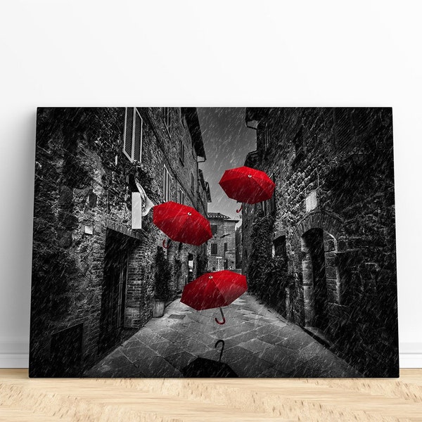 Alte Straßen und rote Regenschirme Wanddruck, rote Regenschirme Leinwand Gemälde, alte Haus Stil Gemälde, moderne Wandkunst,