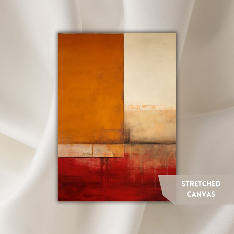 a painting with a red, white, and orange color scheme