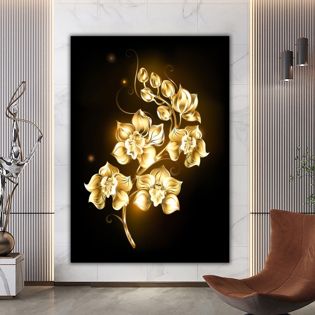 Gold Flowers Wall Art Modern Floral Decor Abstract Floral Etsy