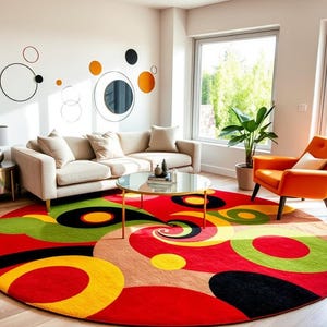 Charming Wool Rug Vibrant Hand Tufted Centerpiece Red  gold Color Circular Shape  5x5 8x8 6x6 9x9 Handmade Custom Area Rug for Living room