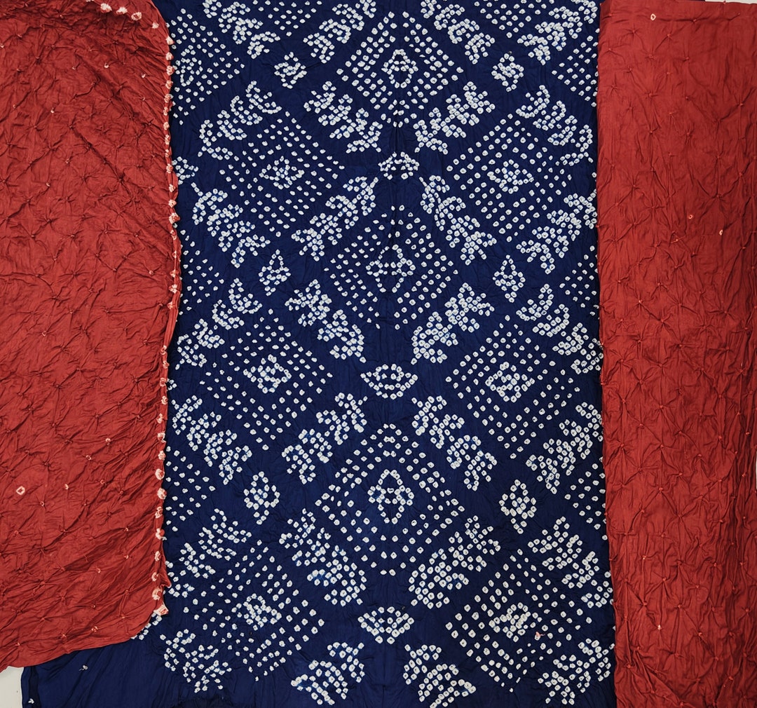 Jamnagari Bandhani Dress Materials Indigo Blue and Gajari Tie Etsy