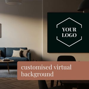 May include: A customized virtual background with a black frame and a white hexagon with the text "YOUR LOGO" inside. The background is a living room with a couch, coffee table, and a chair.