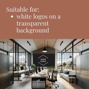 May include: A modern office interior with a long desk, computer monitors, and office chairs. The image includes a sofa and the text "Suitable for: white logos on a transparent background" and "YOUR LOGO". The design is contemporary.