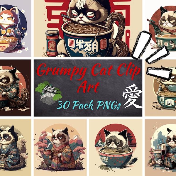 30 Grumpy Cat Pack, Japanese, Funny Meme Clipart graphics in PNG format for commercial use