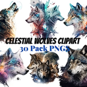30 Paquete de Lobos Celestiales, espacio, estrellas, planetas, gráficos Wolf Clipart en formato PNG para uso comercial