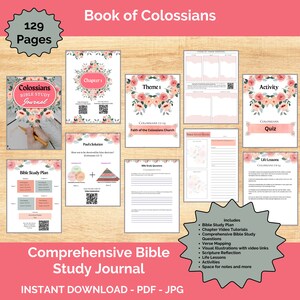 Może przedstawiać: Różowo-zielony wzór kwiatowy z tekstem "Book of Colossians" w kolorze białym. Obraz zawiera również różowo-zielony wzór kwiatowy z tekstem "Colossians Bible Study Journal" w kolorze białym. Obraz zawiera również różowo-zielony wzór kwiatowy z tekstem "Comprehensive Bible Study Journal" w kolorze białym. Obraz zawiera również różowo-zielony wzór kwiatowy z tekstem "Instant Download - PDF - JPG" w kolorze białym.