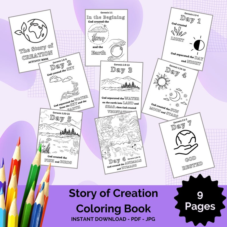 7 Days of Creation Coloring Pages, Kids Bible Lesson Printable