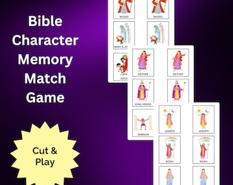 Puede incluir: Un juego de 12 cartas coloridas con personajes bíblicos, incluyendo Moisés, María y José, Ester, Jesús, el rey Herodes, Sansón, José, Noé y Rut. Las cartas están diseñadas para un juego de memoria.