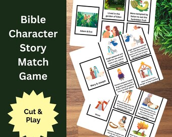 May include: A printable Bible character story match game. The game features colorful illustrations of Bible stories and characters, including Adam and Eve, Mary and Joseph, Moses, and Jesus. The game is designed to help children learn about the Bible.