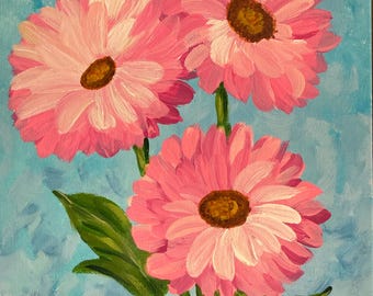 Spring Garden — Pink Flower Trio | Original Acrylic Painting 8x10 | Bright Floral Wall Art