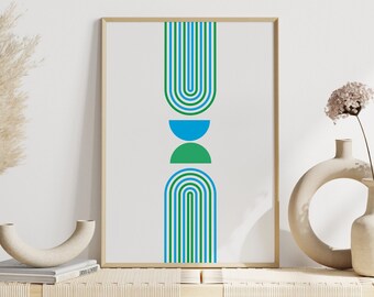 Art mural géométrique moderne du milieu du siècle, impression rétro bleu-vert, grand téléchargement numérique abstrait minimaliste, affiche imprimable une pièce