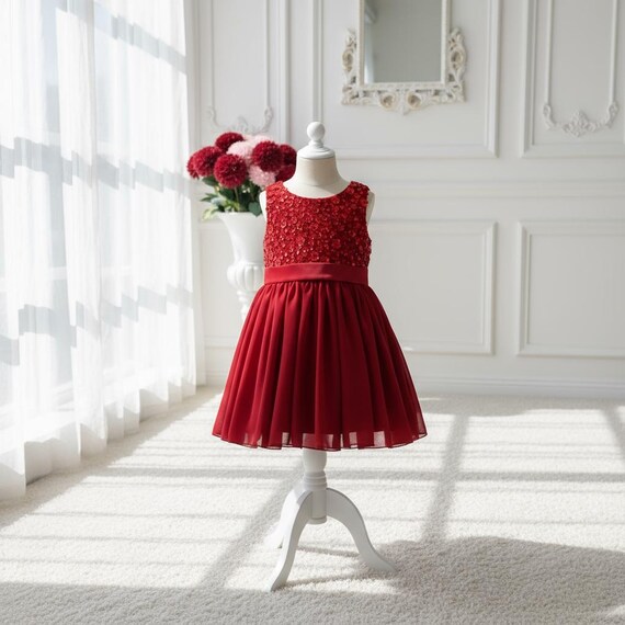 Ruby Red Christmas Dress for Girls & Babies Sequined Princess Formal Dress Bridesmaid Outfit Large Satin Bow on Back Handmade Ruby Red Christmas Dress for Girls & Babies Sequined Princess Formal Dress Bridesmaid Outfit Large Satin Bow on Back Handmade
