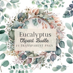 23 Watercolor Eucalyptus Clipart Bundle, Wreaths, PNG, SVG, Commercial Use, Instant Download, Digital, Printable, Scrapbooking, Junk Journal