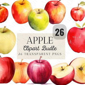 26 Watercolor Apple Clipart Bundle, Summer Clipart, Commercial Use, Instant Download, Graphics, Autumn Clipart Fruit, Sticker Goodnotes