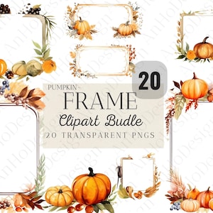 Paquete de 20 imágenes prediseñadas de marcos de calabaza de acuarela, marcos florales de otoño, acogedores, álbumes de recortes, manualidades de papel, descarga instantánea, uso comercial, SVG, PNG