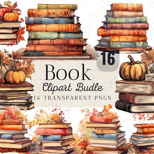 16 Watercolor Book Clipart Bundle, Cozy, Autumn, Fall, Book Shelves & Stacks, Instant Download, Commercial Use, Card Making, PN, SVG