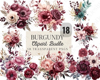 18 Watercolor Burgundy Clipart Bundle, Wine Red Roses & Leaves, Elegant Burgundy, Floral Bouquet, Instant Download, Commercial Use, SVG,PNG
