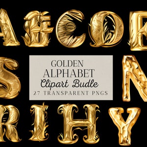 27 gouden alfabet clipart, goud folie, decoratieve antieke monogram, vintage gotische versiering, lettertype, commercieel gebruik, Instant Download, PNG