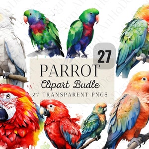 27 Watercolor Parrot Clipart Bundle, Printable Watercolor clipart, PNG, SVG, Digital download, Paper craft, junk journals, Commercial Use