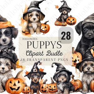 28 Watercolor Halloween Puppys Clipart Bundle, Watercolor Clipart, Spooky Halloween, Scrapbook, Paper Crafts, PNG & SVG, Spooky Puppies