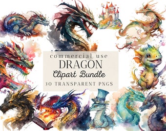 30 Watercolor Dragon Clipart Bundle, High Quality PNG Images, Fantasy, Magical Mystical art, Colored, commercial use, instant download