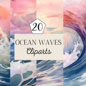 20 Ocean Waves Clipart Bundle, Nautical, Beach, Blue Sea, Watercolor Ocean Wave, Summer, JPG, instant download for commercial use