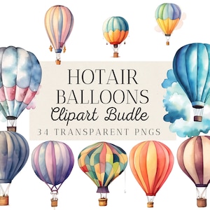 34 Watercolor Hot Air Balloon Clipart Bundle, Airplane clipart, Travel, Stars, Clouds, Flag, Nursery Decor, Commercial Use, Instant Download